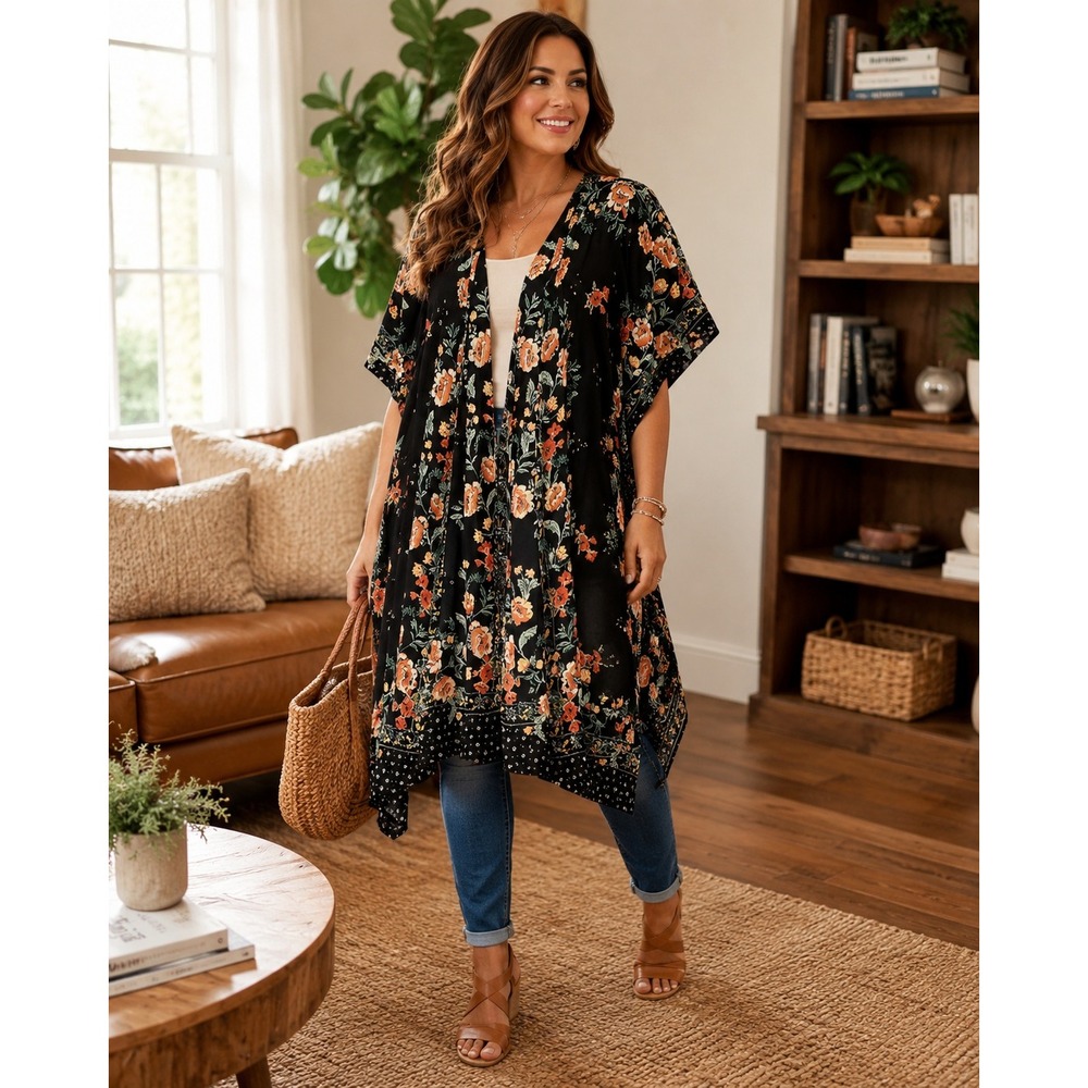 Angie Womens Floral Kimono Cardigan Black Orange Boho Rayon Open Front Large